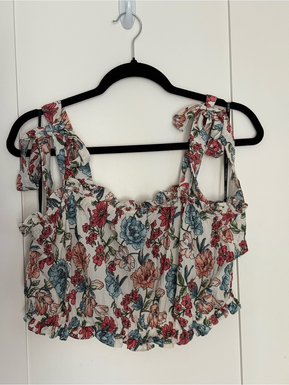 Forever 21 Cream Floral Tie-Shoulder Crop Top with Blue and Pink Blooms